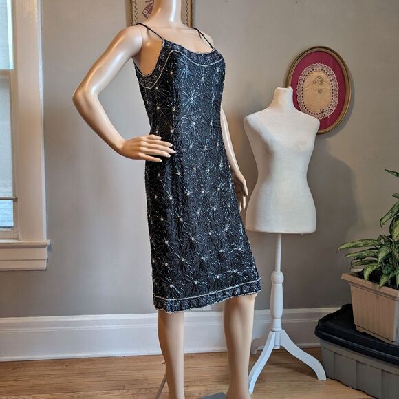 Vintage 90s Papell Boutique Midi Dress Beaded Silk Prom Formal Whimsygoth 10 - Picture 4 of 16